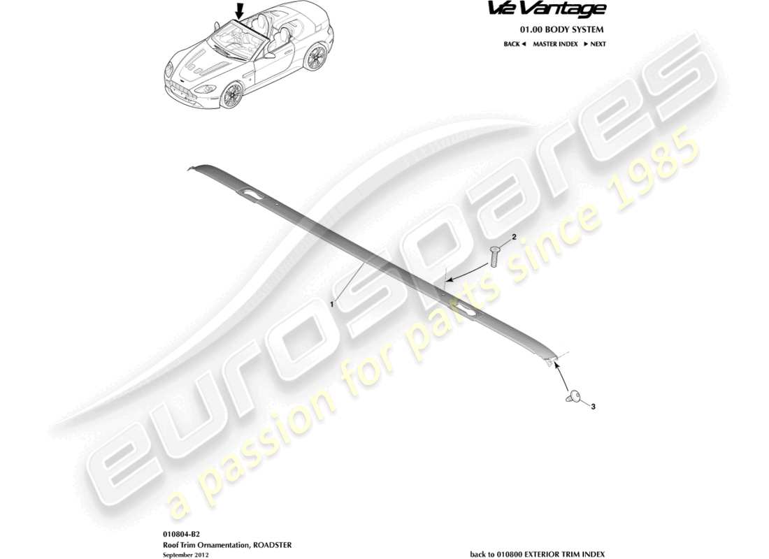 aston martin v12 vantage (2010) garniture de toit, diagramme de pièce du roadster