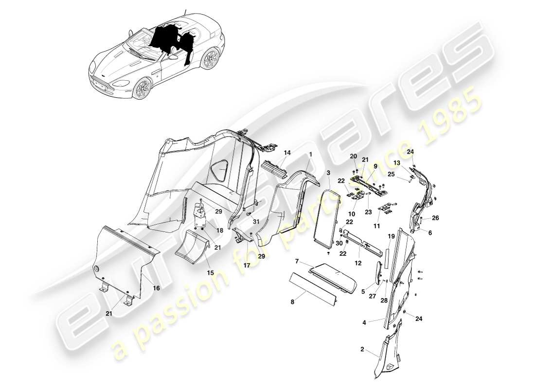 aston martin v8 vantage (2007) garniture de custode latérale de carrosserie, diagramme de pièce de roadster