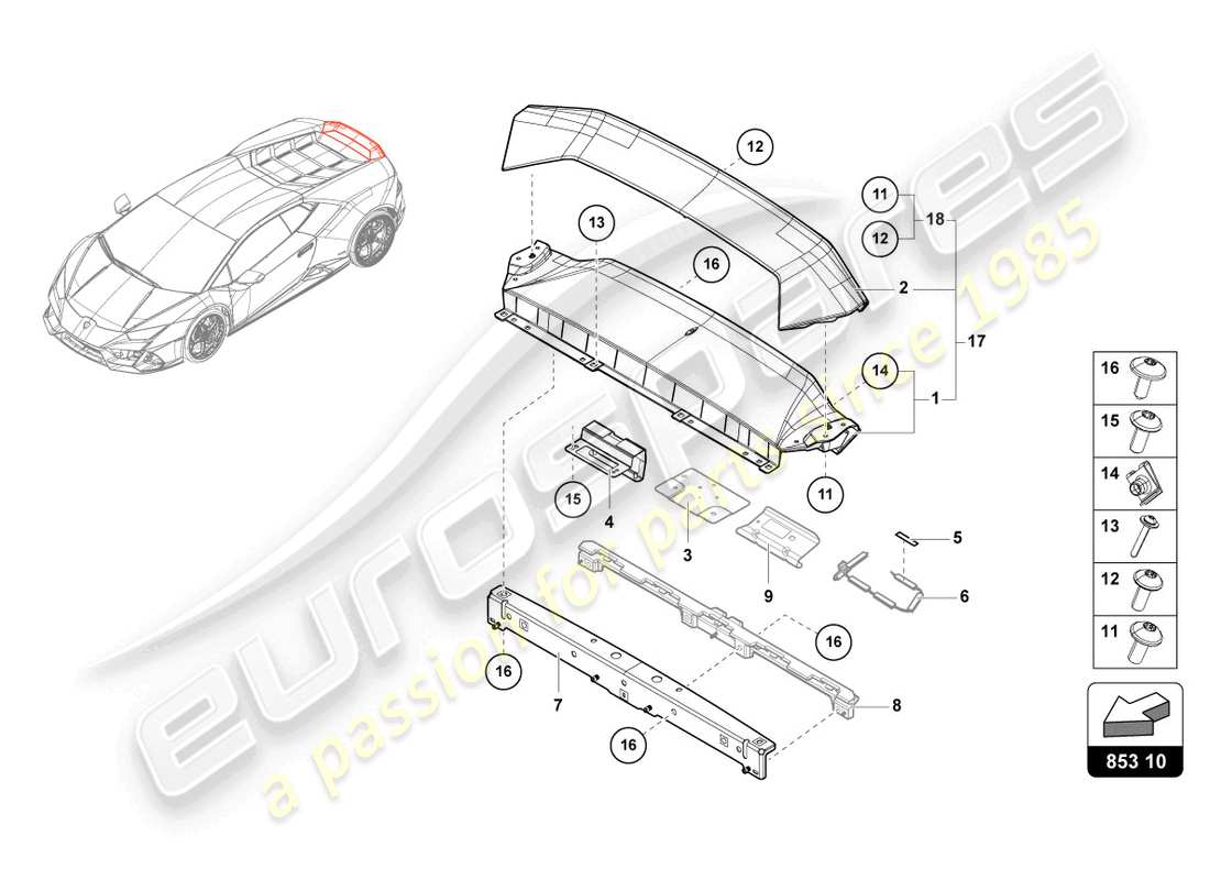 lamborghini evo coupe 2wd (2023) partie supérieure du panneau arrière schéma des pièces