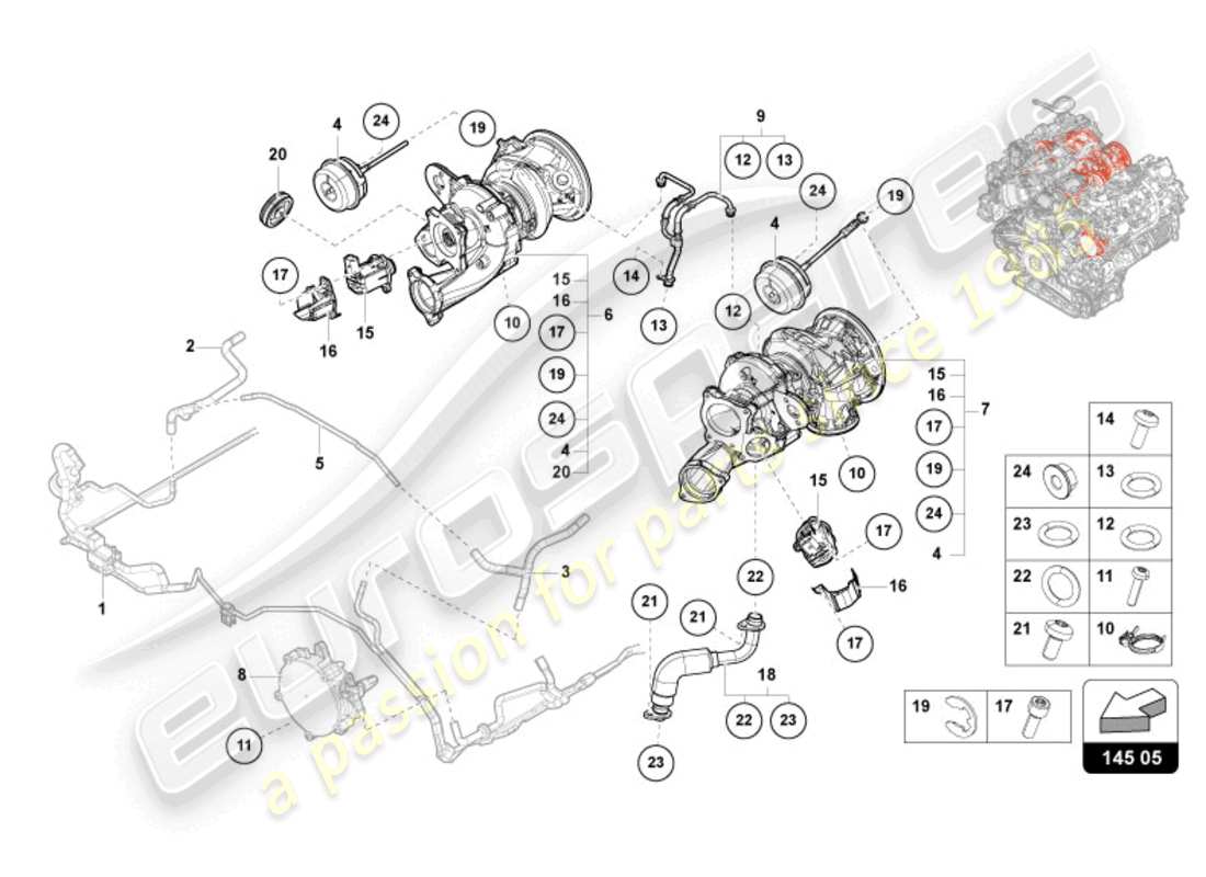lamborghini urus s (2024) turbocompresseur de gaz d'échappement schéma des pièces