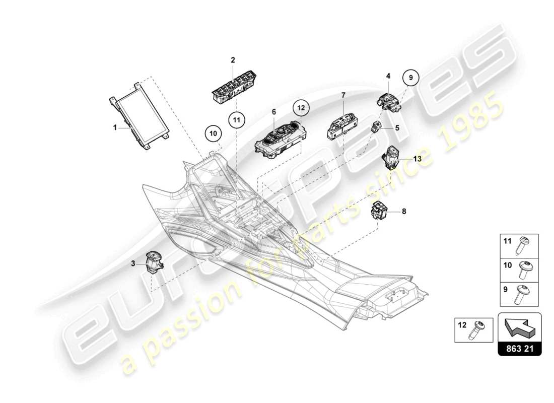 lamborghini sian roadster (2021) tunnel de l'unité de commutation schéma des pièces