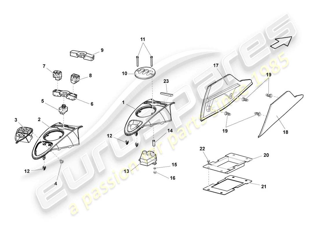 lamborghini lp550-2 spyder (2014) installer. kit pour cent. diagramme des pièces de la console