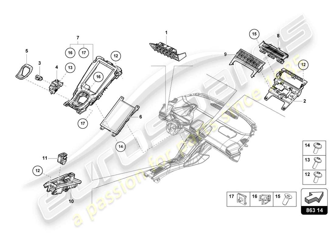 lamborghini 2021 (evo coupe) console centrale, partie supérieure schéma des pièces