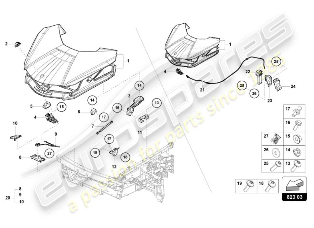 lamborghini sian roadster (2021) diagramme des pièces avant du capot