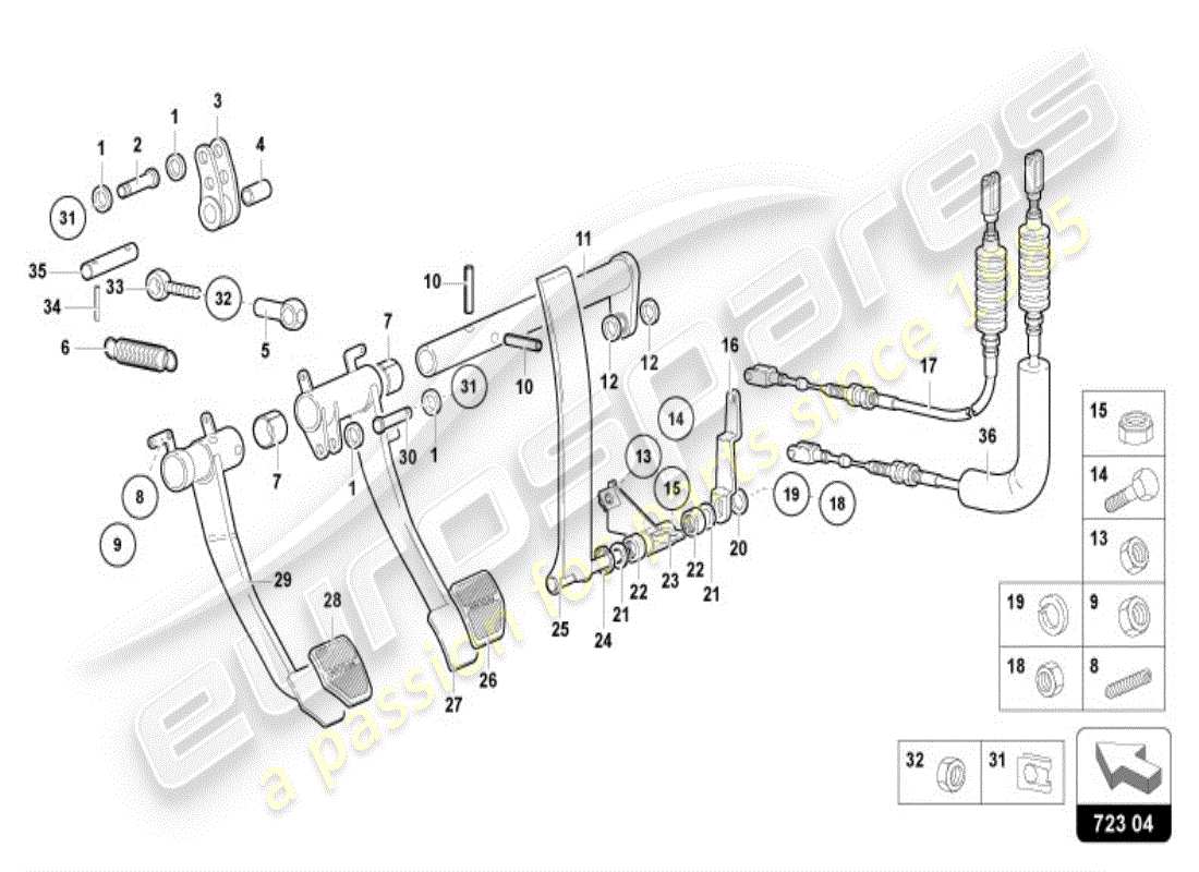 lamborghini diablo vt (1998) freinage et accélération. levier mech. diagramme de pièce
