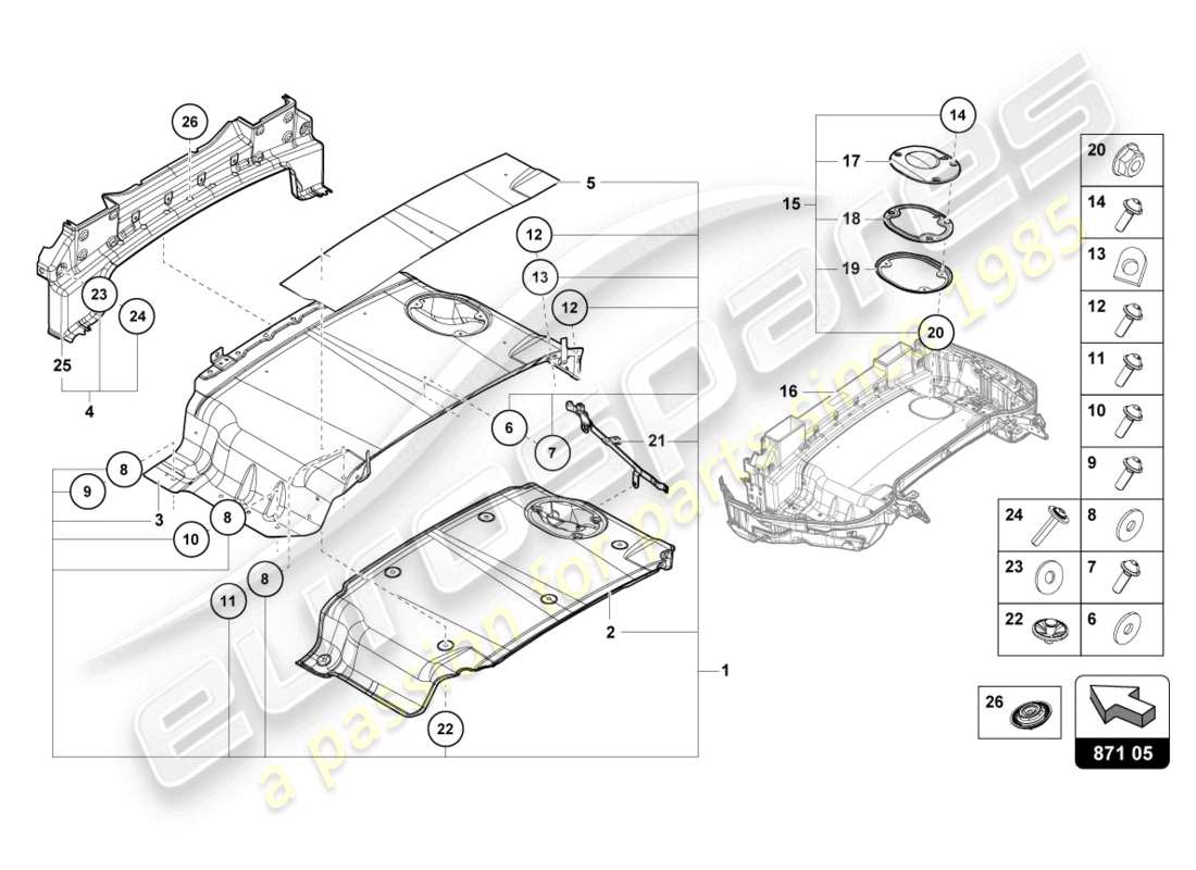 lamborghini evo spyder (2024) plateau de coffre à capote pièces individuelles schéma des pièces