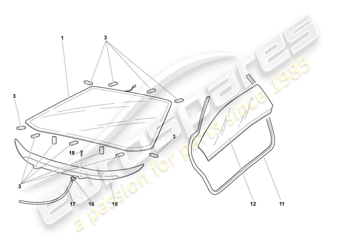 lamborghini lp640 roadster (2007) lunettes de fenêtre schéma des pièces