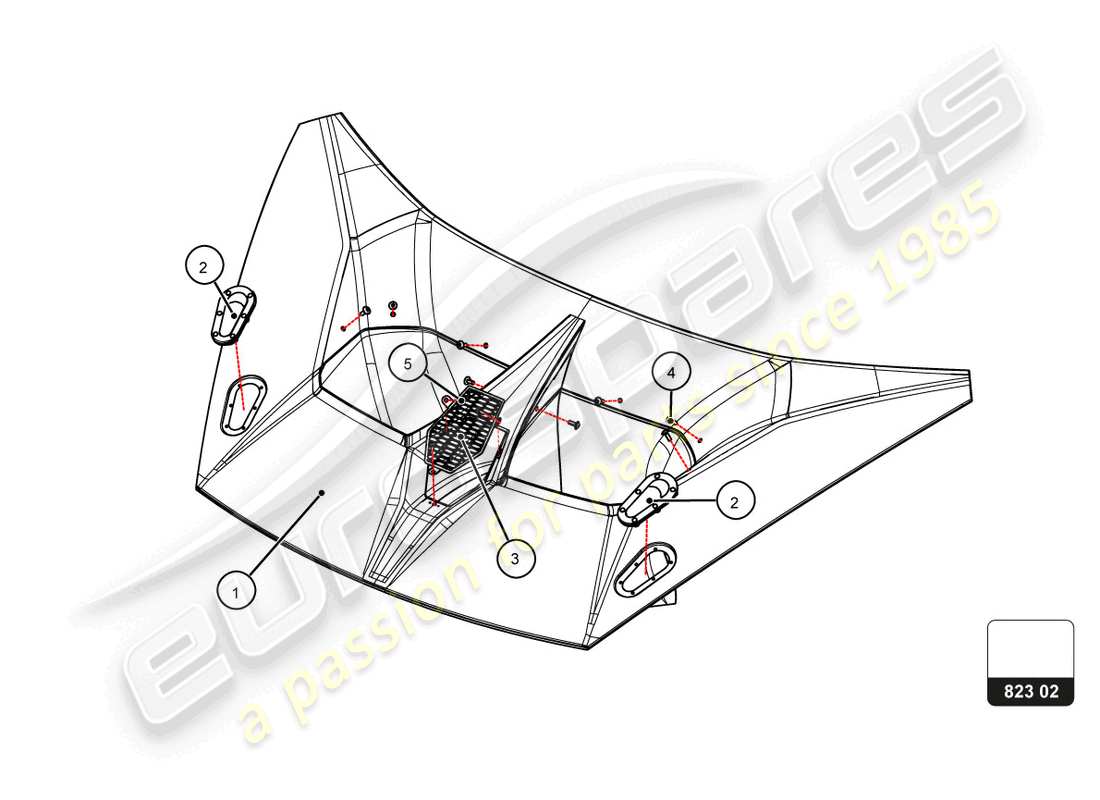 lamborghini super trofeo evo 2 (2022) diagramme des pièces du capot avant