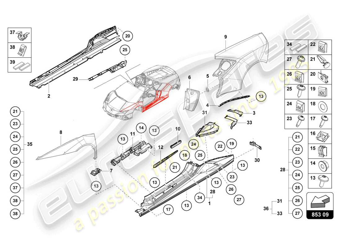 lamborghini 2022 (evo coupe 2wd) latéral extérieur inférieur pour carter de roue schéma des pièces