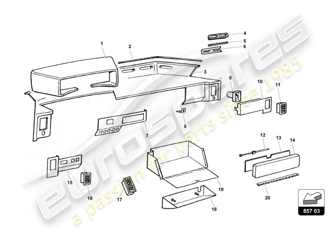 lamborghini countach 25th anniversary (1989) tableau de bord schéma des pièces