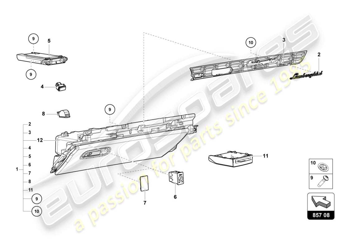 lamborghini tecnica (2023) boîte à gants schéma des pièces