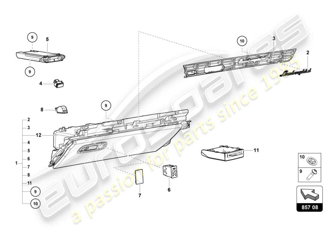 lamborghini tecnica (2023) boîte à gants schéma des pièces