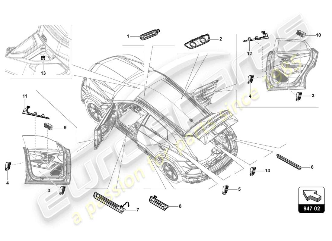 lamborghini urus performante (2024) pièces individuelles pour lampe d'intérieur et de lecture schéma des pièces