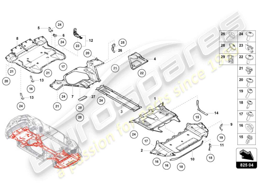 lamborghini evo spyder (2024) panneau de garniture pour section inférieure du cadre schéma des pièces