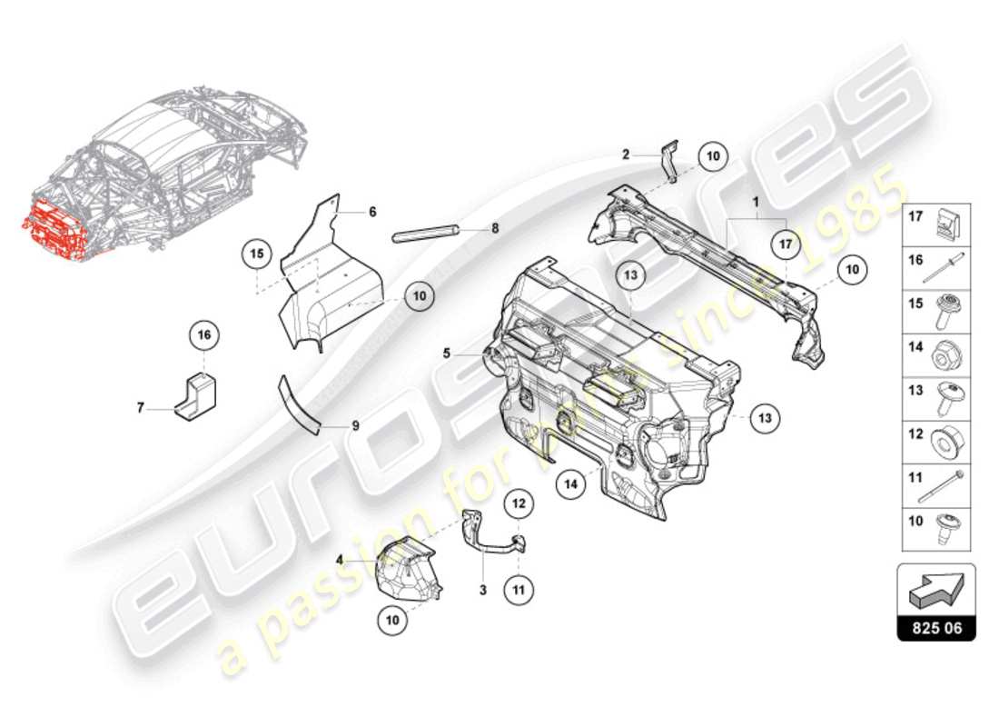 lamborghini tecnica (2023) schéma des pièces du bouclier thermique 'opf'