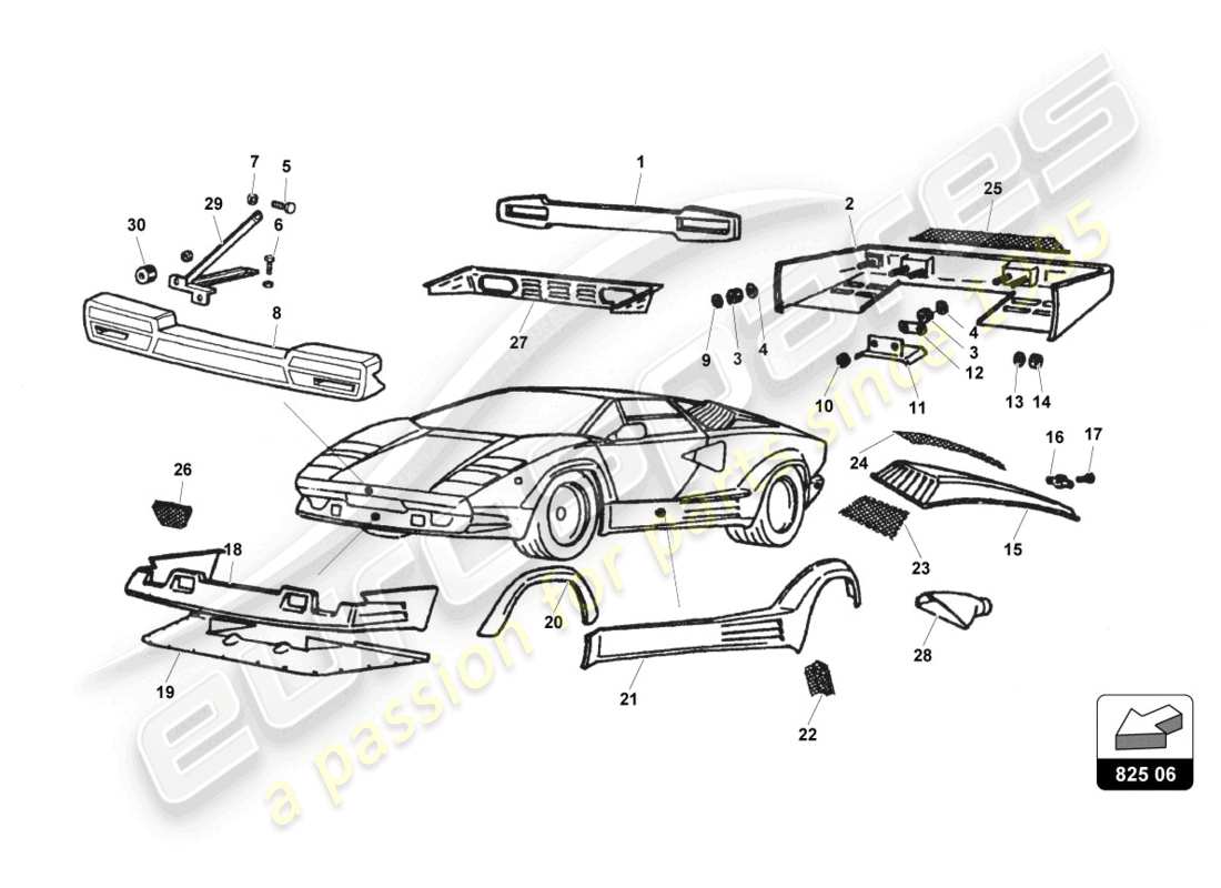 lamborghini countach 25th anniversary (1989) doublure externe schéma des pièces