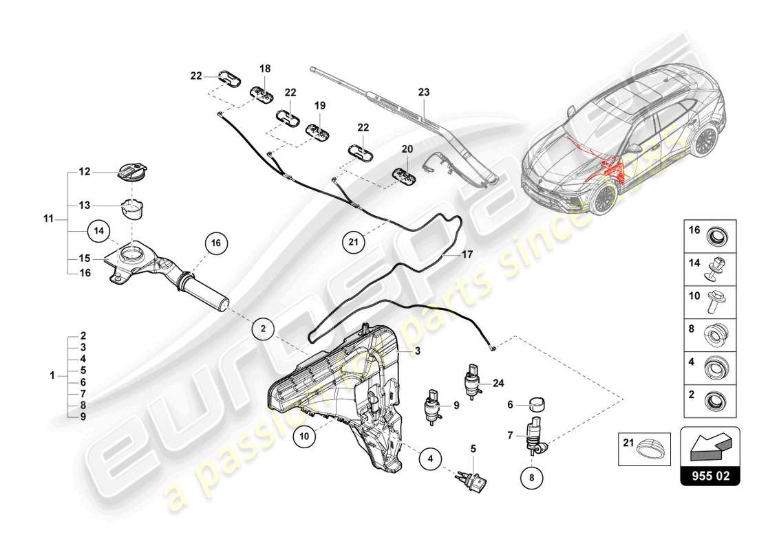 lamborghini urus s (2024) système de rondelle -glace pare-brise schéma des pièces