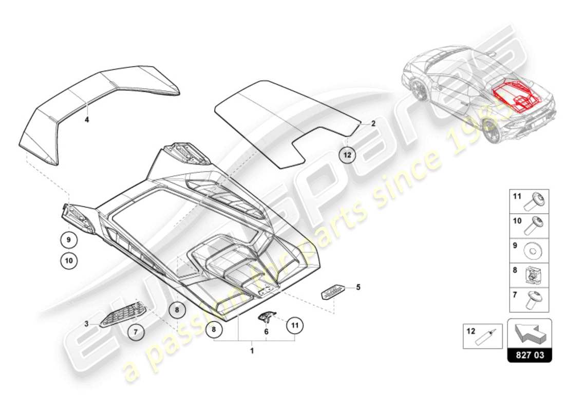 lamborghini tecnica (2023) couvercle moteur avec insp. couverture diagramme de pièce