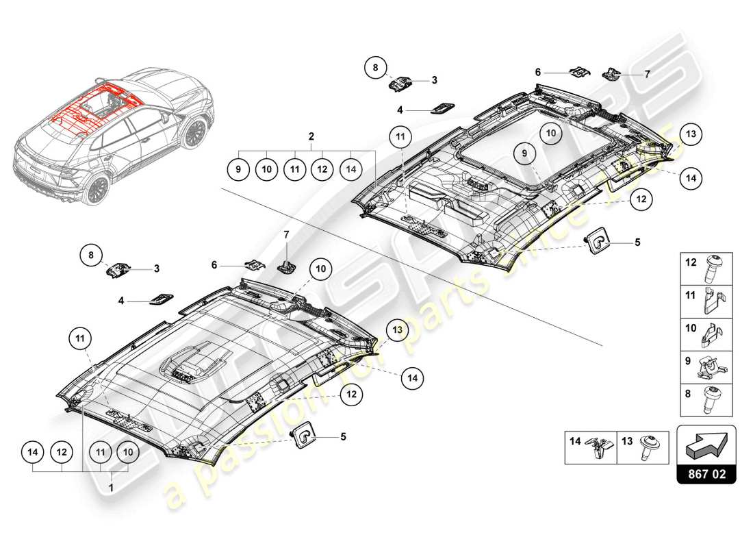 lamborghini urus s (2024) garniture de toit schéma des pièces