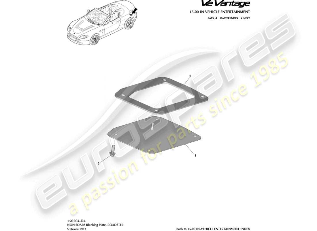 aston martin v12 vantage (2010) plaque d'obturation non sdars, diagramme de pièce roadster