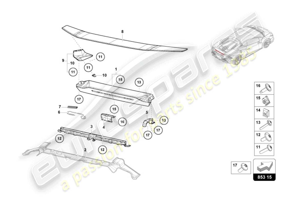 lamborghini tecnica (2023) partie supérieure du panneau arrière schéma des pièces