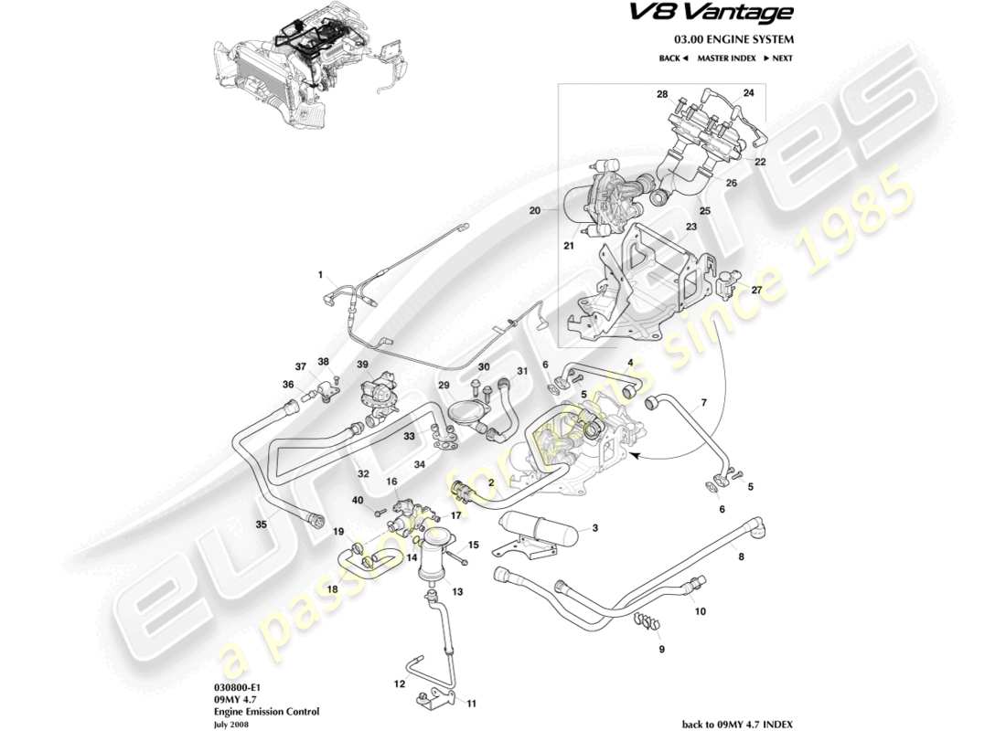 aston martin v8 vantage (2008) schéma des pièces de contrôle des émissions