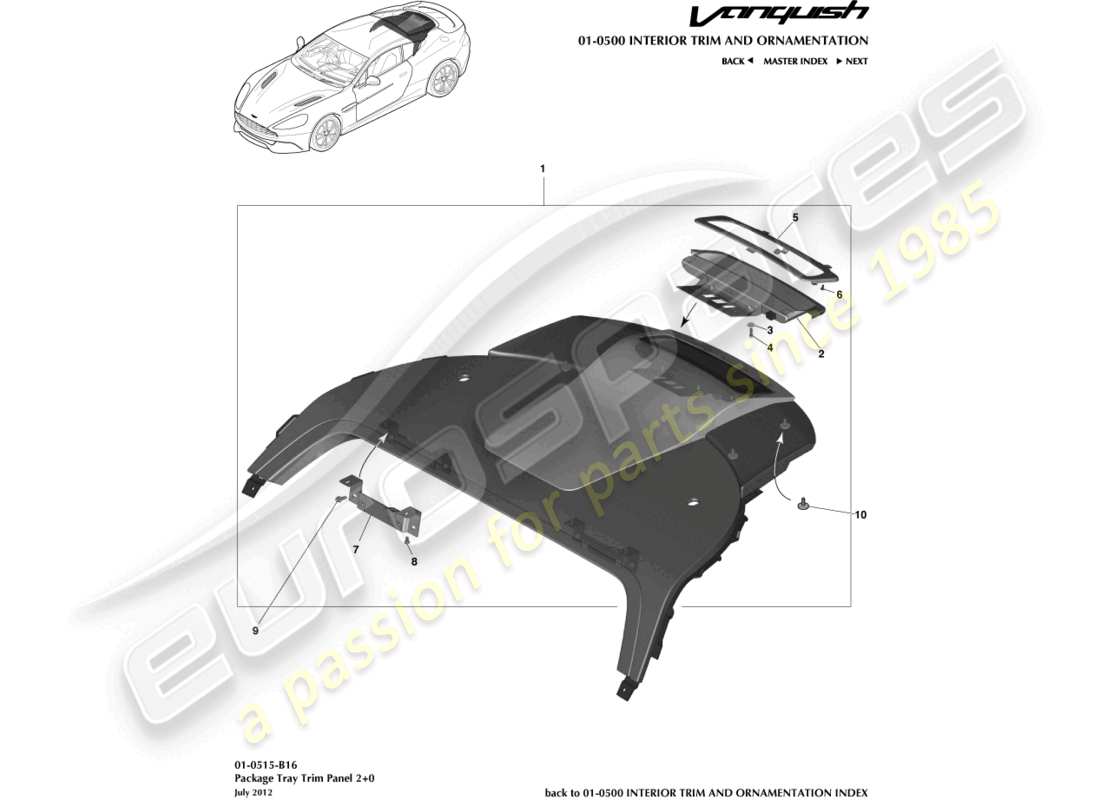 aston martin vanquish (2016) panneau de garniture de plage arrière, schéma de pièce du coupé 2+0