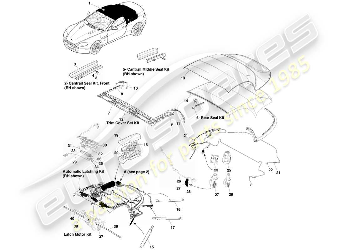 aston martin v8 vantage (2007) toit du roadster, page1 diagramme de pièces