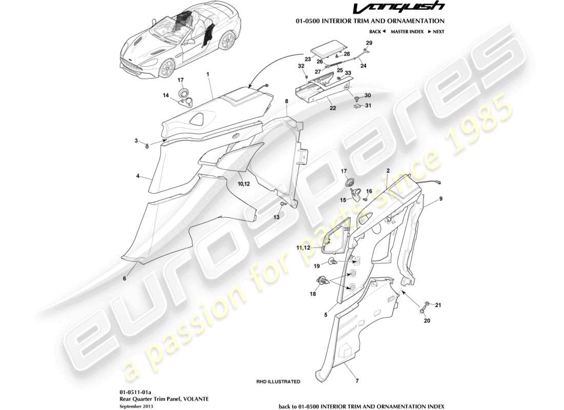 aston martin vanquish (2016) panneau de garniture de custode arrière, diagramme de pièce volante