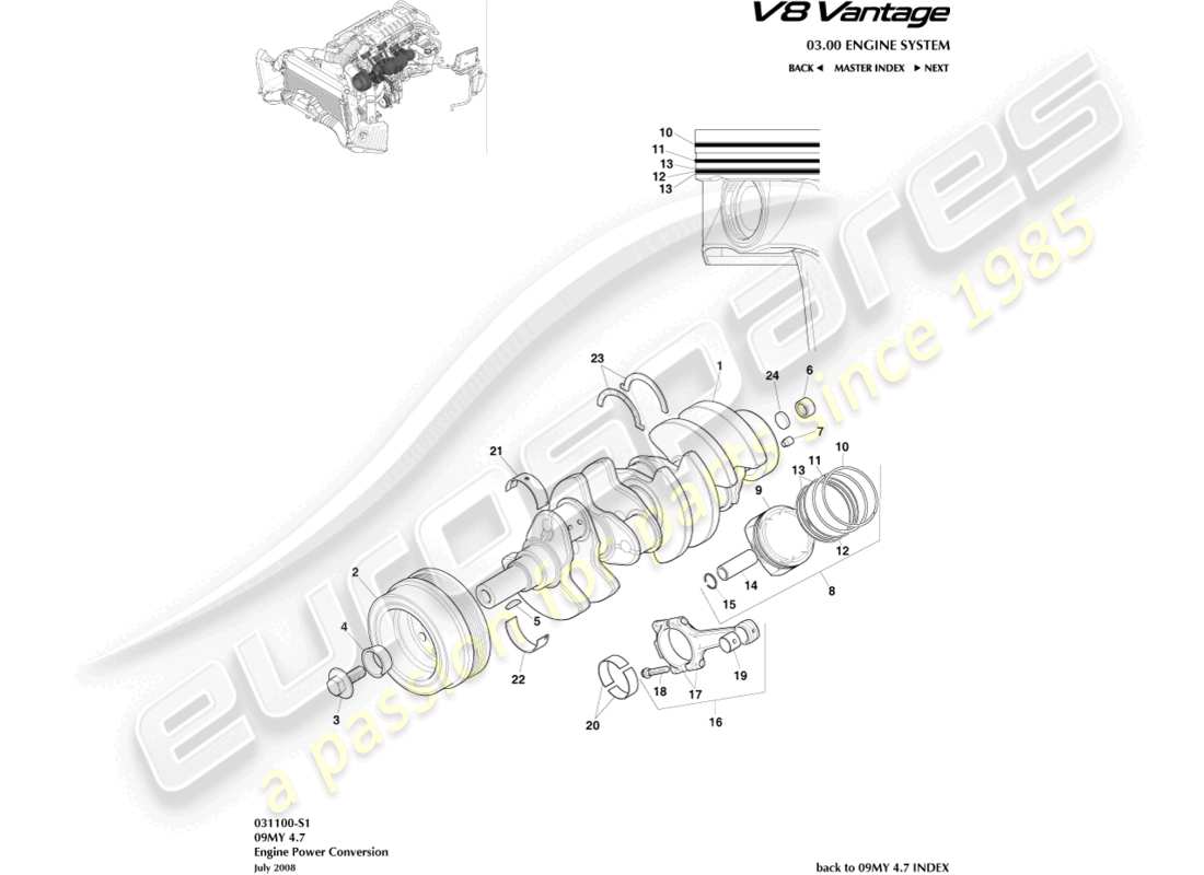 aston martin v8 vantage (2010) diagramme de pièce de conversion de puissance