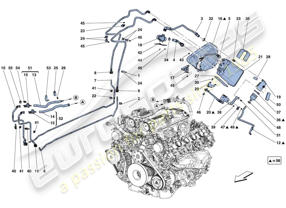 ferrari california t (rhd) système de contrôle des émissions par évaporation diagramme des pièces