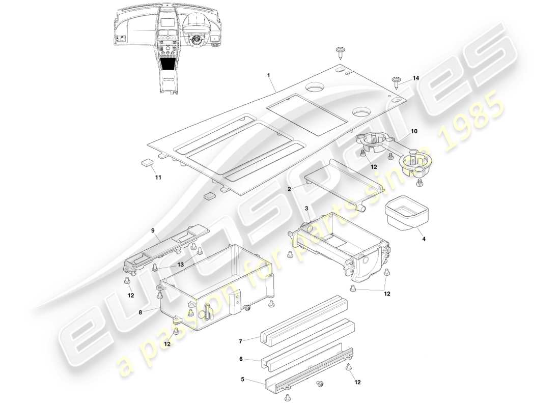 aston martin v8 vantage (2005) console avant, asm, 16my diagramme de pièce