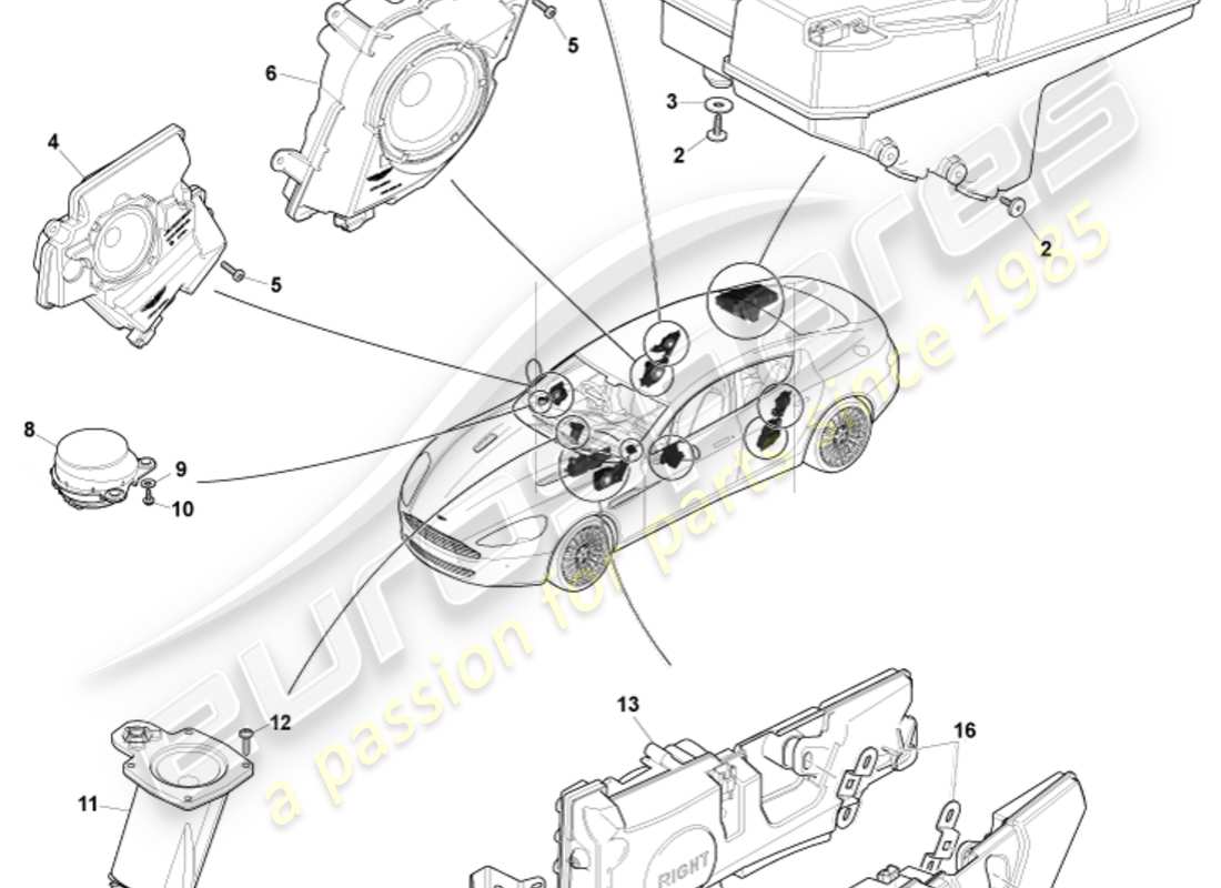 aston martin rapide (2019) haut-parleurs, schéma des pièces b&o