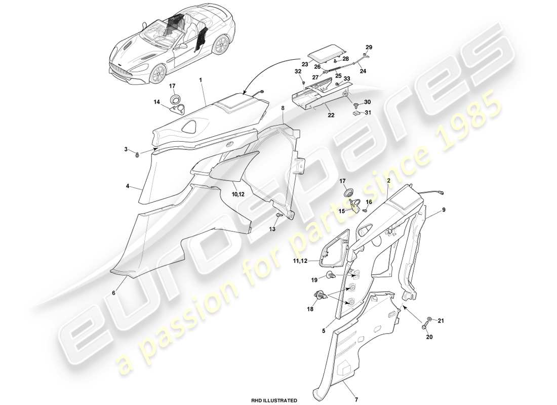 aston martin vanquish (2014) panneau de garniture de custode arrière, diagramme de pièce volante