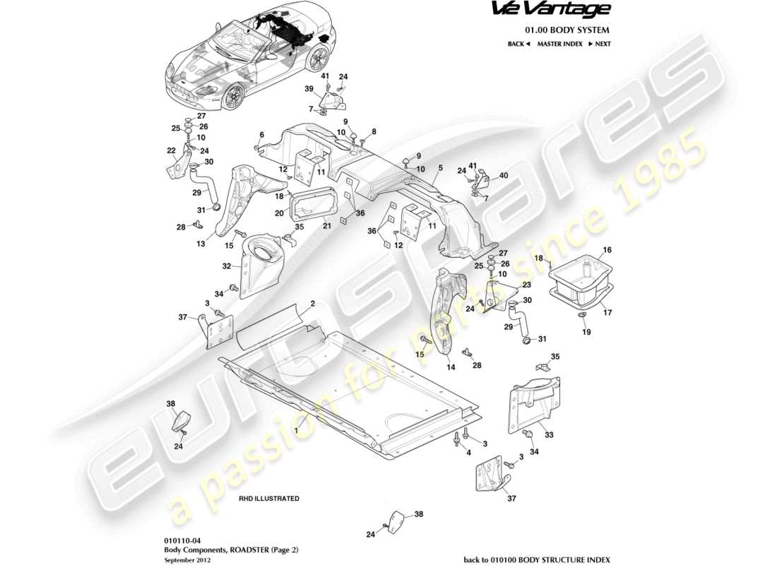 aston martin v12 vantage (2013) composants de carrosserie, diagramme des pièces du roadster