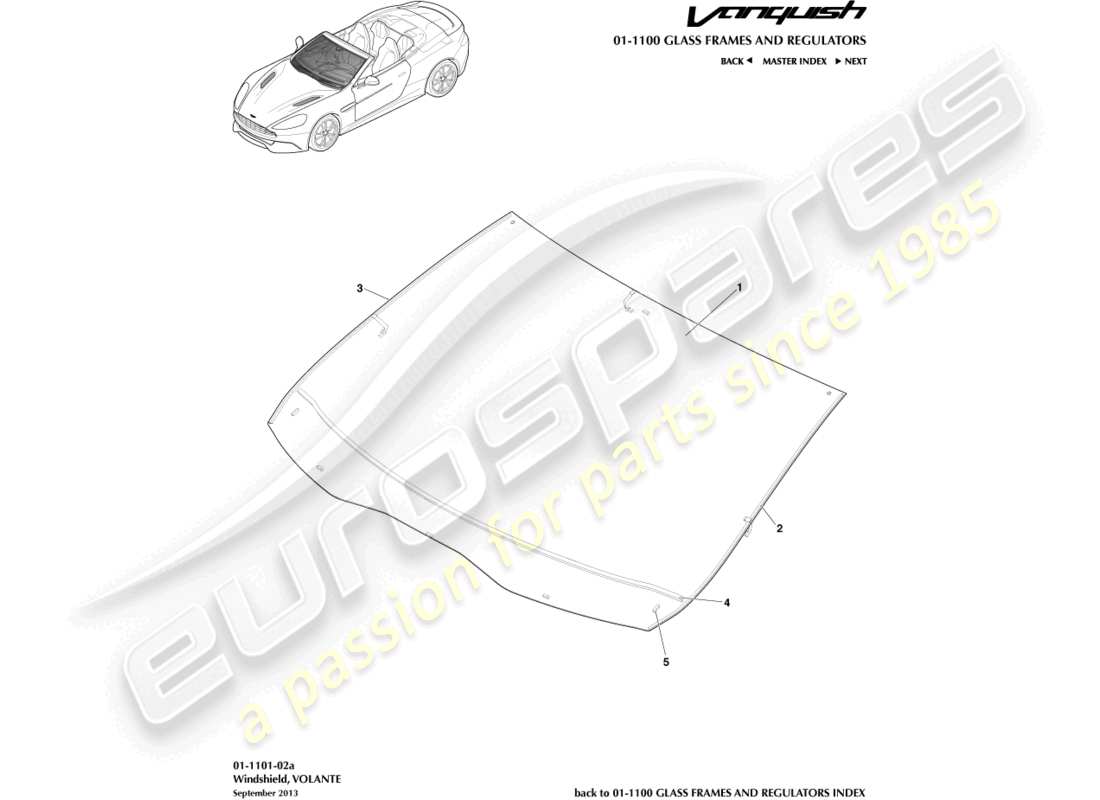 aston martin vanquish (2015) pare-brise, diagramme de pièce volante