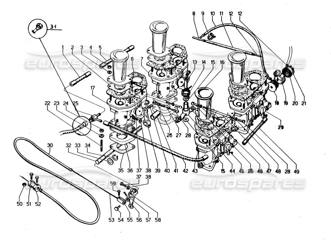 lamborghini urraco p250 / p250s schéma des pièces du système d'alimentation en carburant (carburateurs)