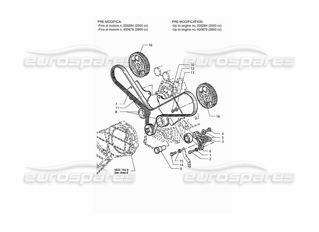 maserati qtp. 3.2 v8 (1999) diagramme de pièce du contrôle de synchronisation (pré-modification)