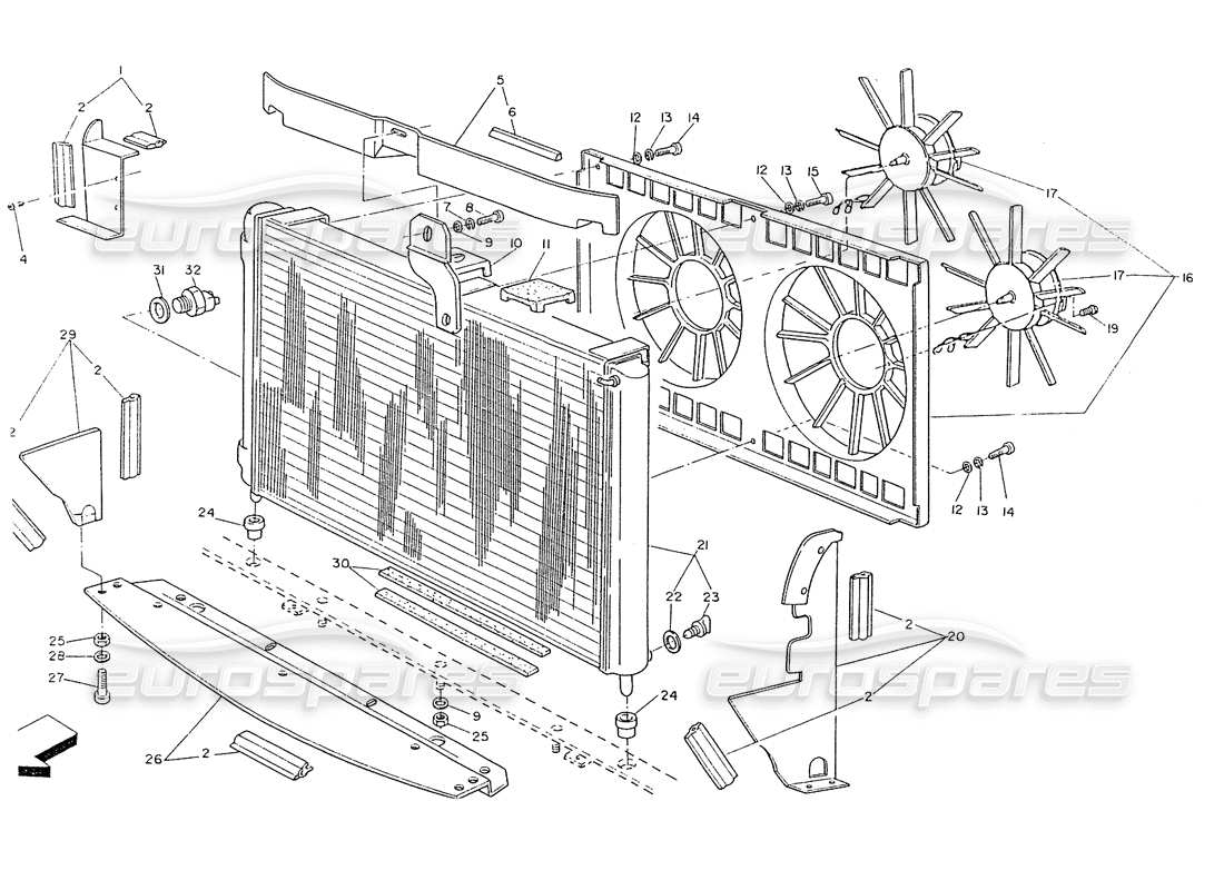 maserati ghibli 2.8 (non abs) schéma des pièces du radiateur et des ventilateurs de refroidissement