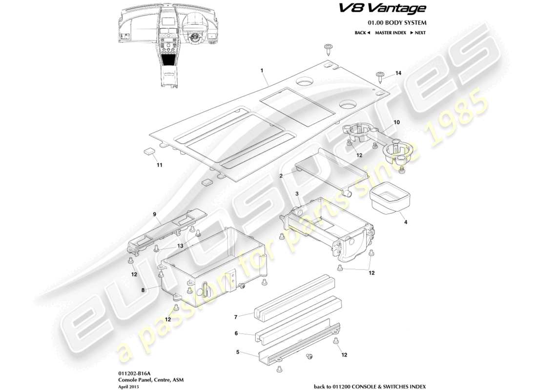 aston martin v8 vantage (2014) console avant, asm, 16my diagramme de pièce