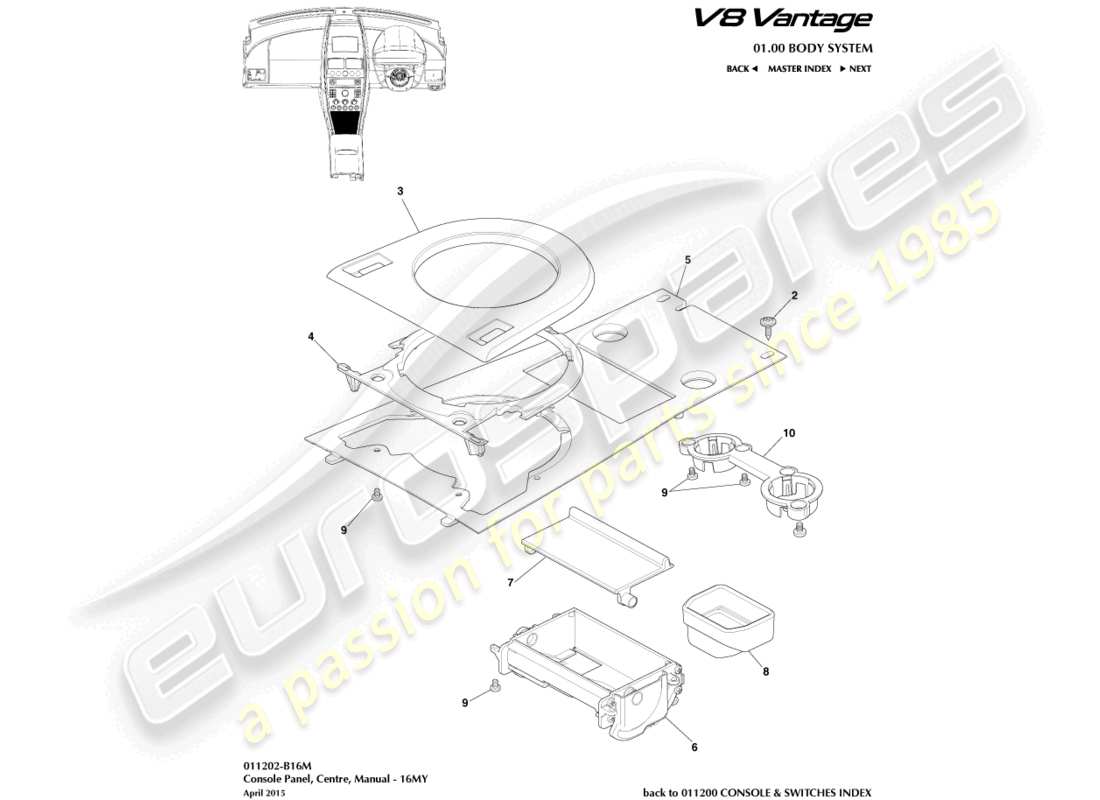 aston martin v8 vantage (2014) console avant, manuel, 16my diagramme de pièce