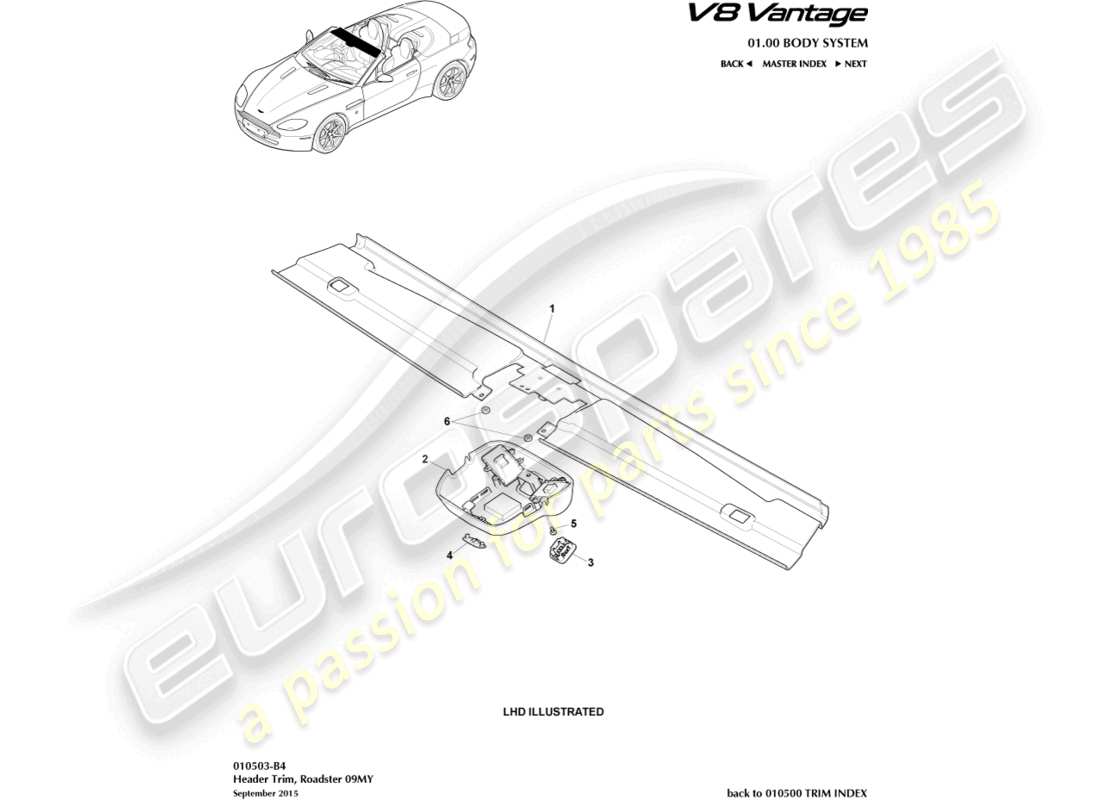 aston martin v8 vantage (2014) garniture de toit, roadster 09my diagramme de pièce