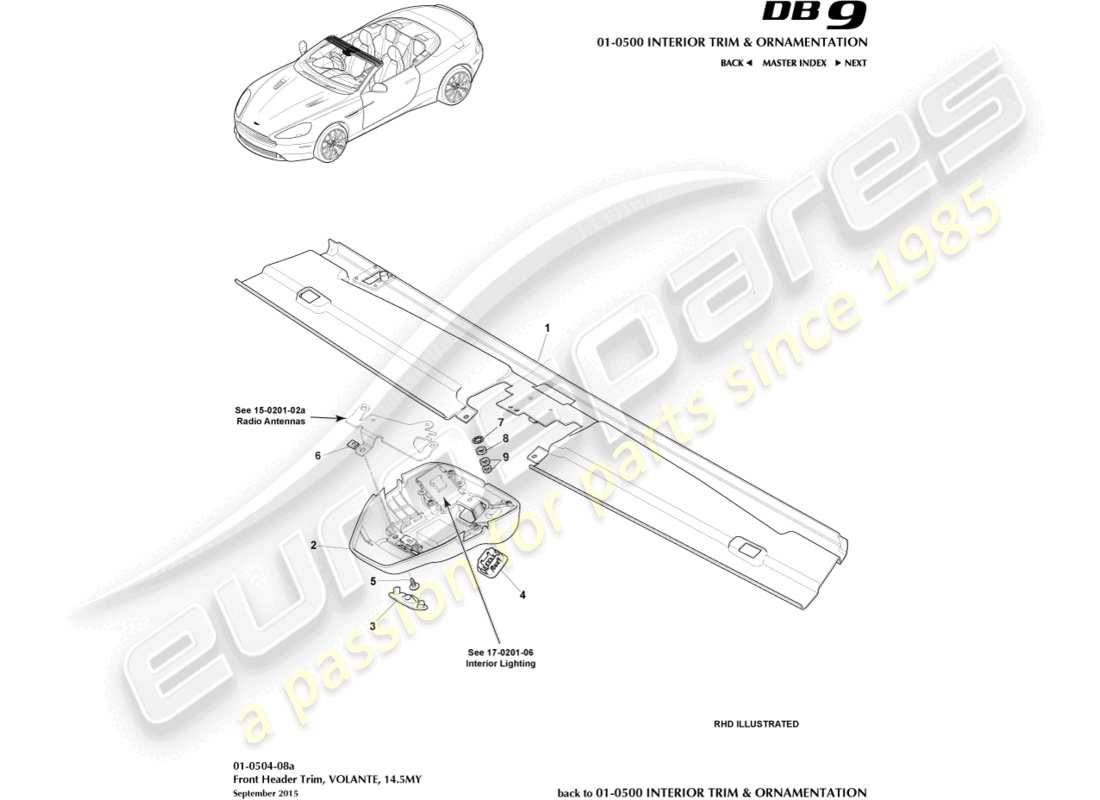 aston martin db9 (2017) garniture de linteau avant, volante, 14.5my diagramme de pièce