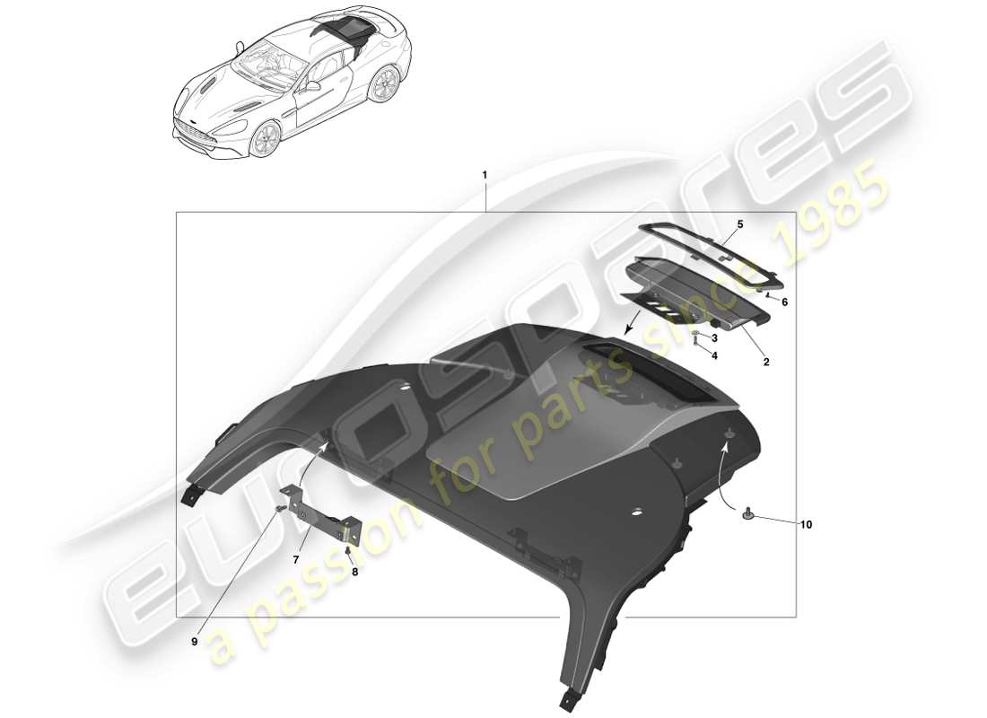 aston martin vanquish (2014) panneau de garniture de plage arrière, schéma de pièce du coupé 2+0