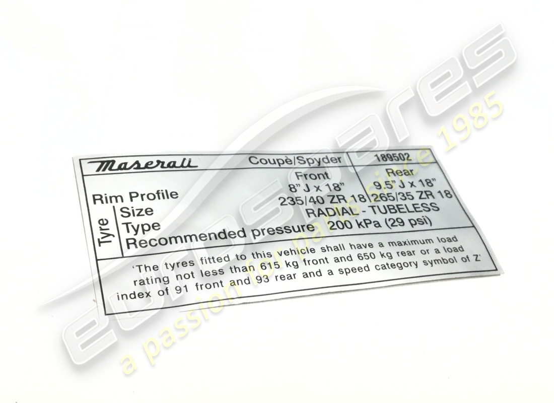 nouvelle plaque de certification des pneus maserati. numéro de pièce 189502 (1)