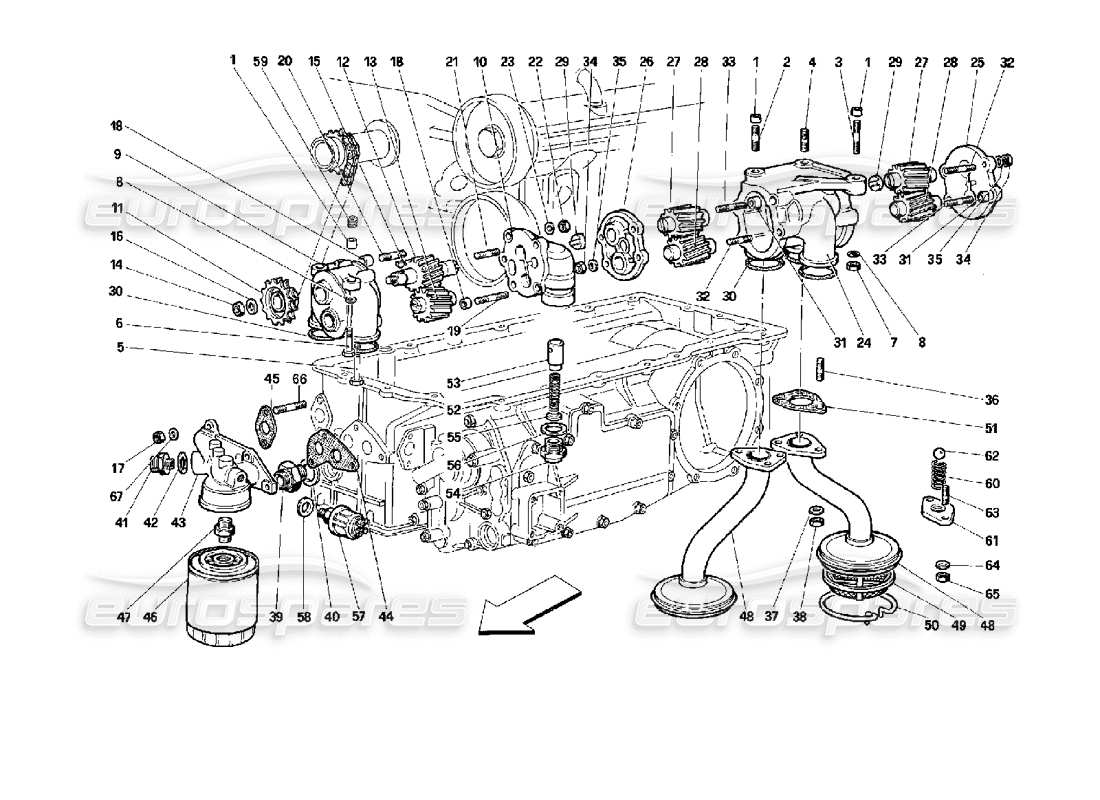 ferrari 512 m lubrification - schéma des pièces des pompes et du filtre à huile