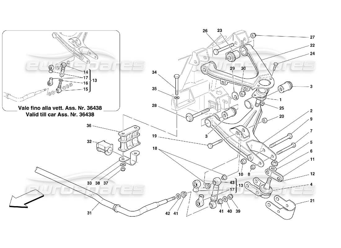 ferrari 550 maranello suspension avant - diagramme des pièces des triangles et de la barre stabilisatrice