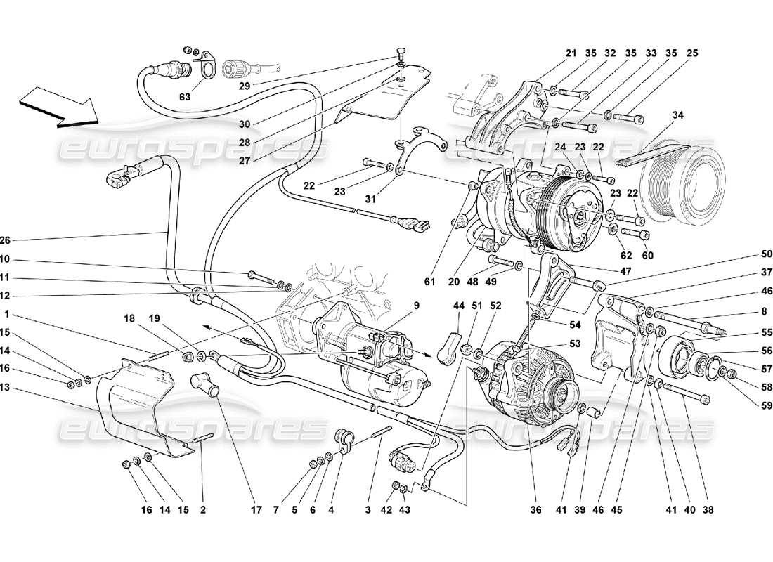 ferrari 550 maranello schéma des pièces du moteur de démarrage de l'alternateur et du compresseur ac