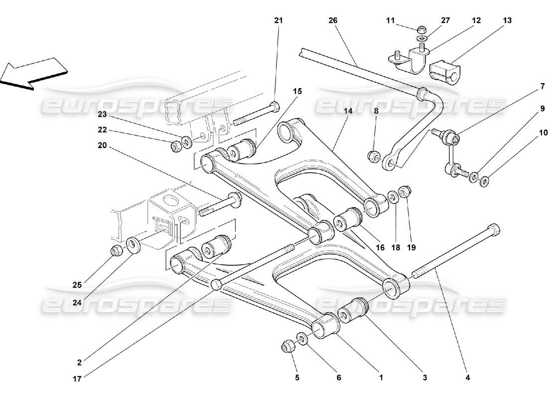 ferrari 550 maranello suspension arrière - diagramme des pièces des triangles et de la barre stabilisatrice