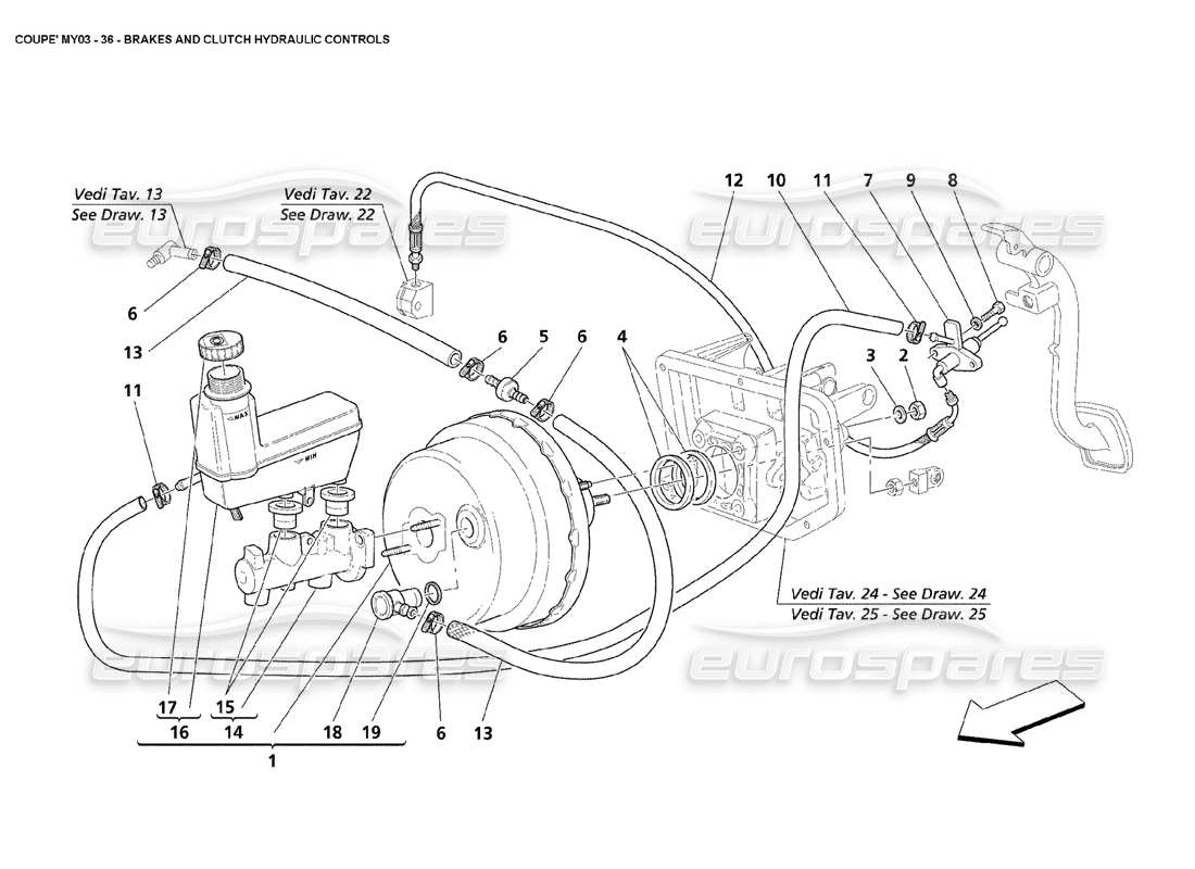maserati 4200 coupe (2003) commandes hydrauliques de freins et d’embrayage schéma des pièces